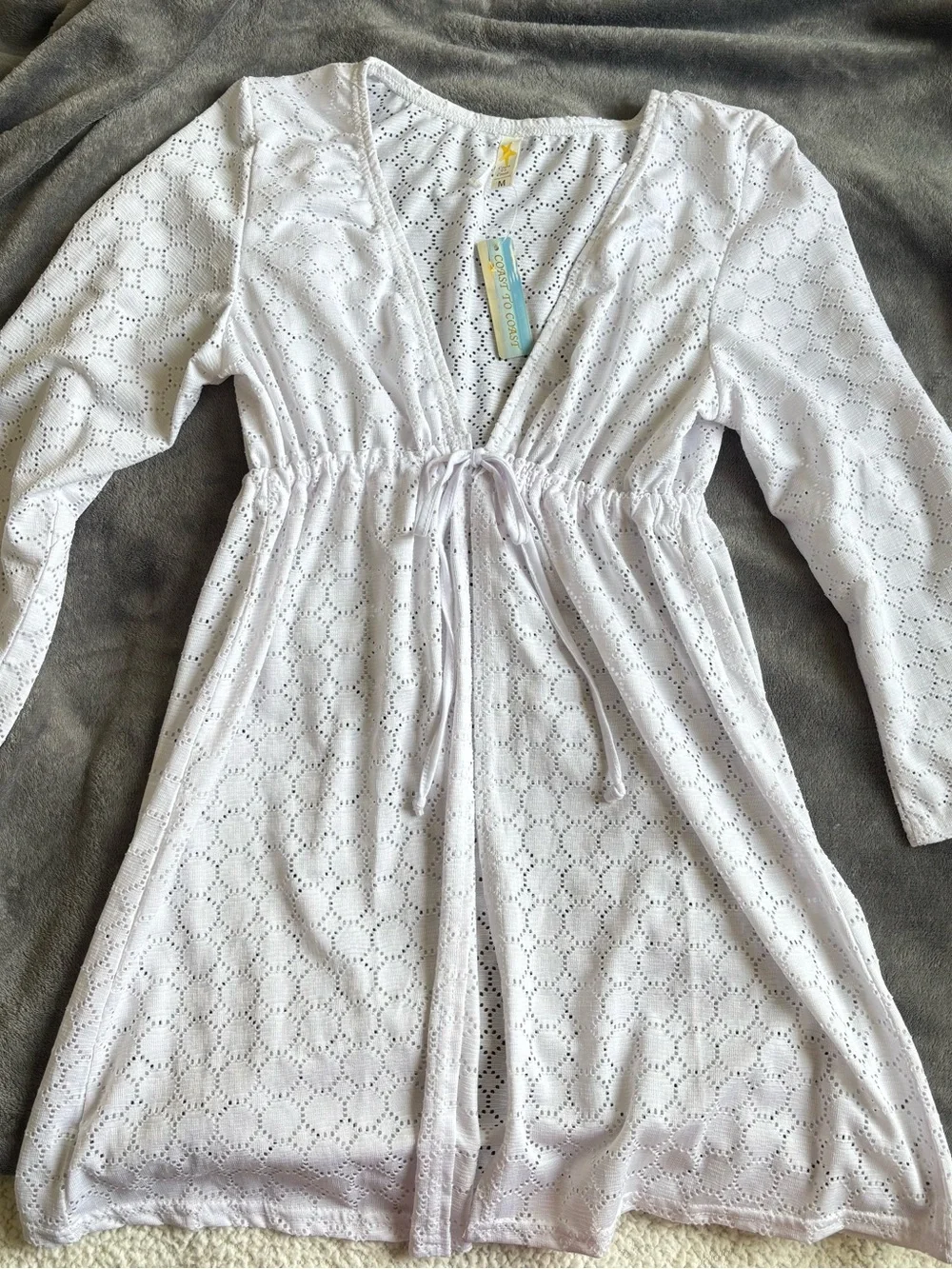 Light white  Eyelet Swim Coverup with Tie Front